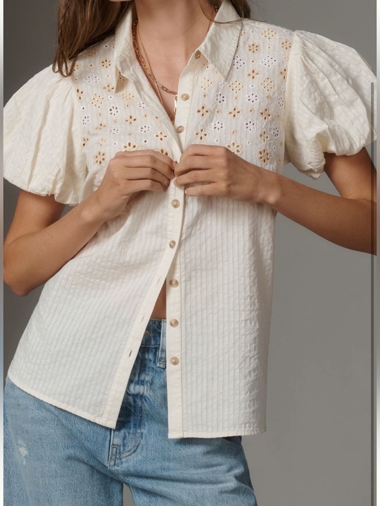 Pilcro Tops - Pilcro Cream Eyelet Puff-Sleeve Button-Down Shirt